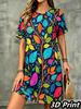 Modisches 3D-Druck Sommerkleid Locker Lässig Kurzarm Rundhals Minikleid