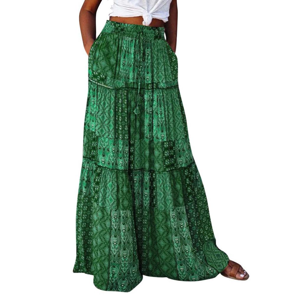 Women's Fashion Bohemian Print Elastic Waist Skirt Loose Casual High Waist Tie Long Skirt