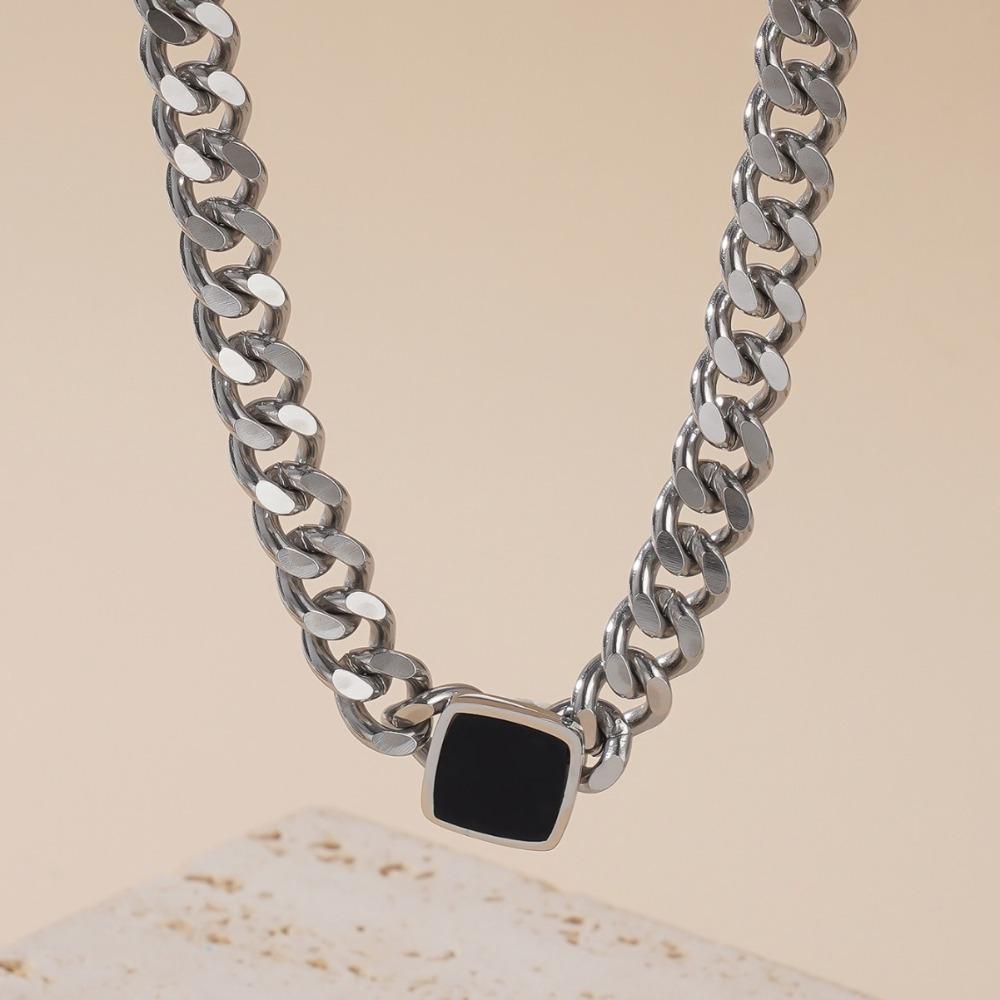Trendy Personality Stainless Steel Thick Chain Necklace Black Square Collarbone Chain Bracelet Sets for Men Women Unisex Jewelry