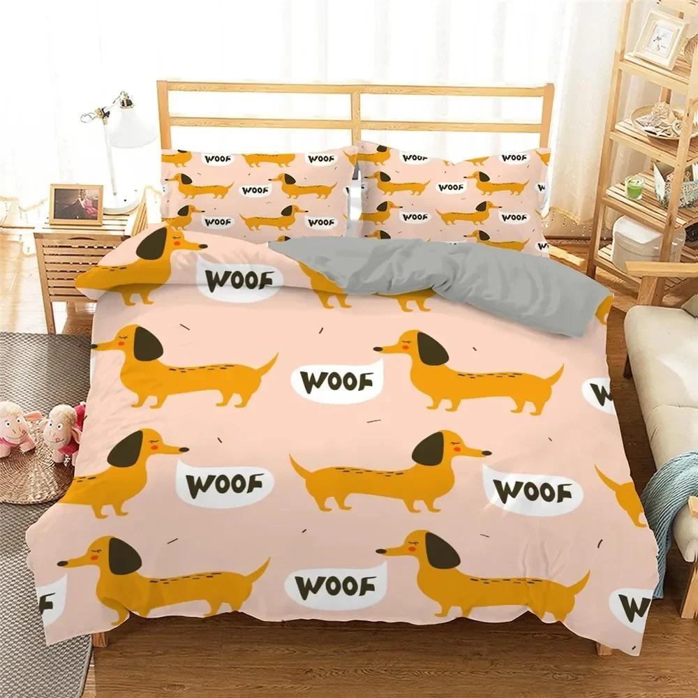 Cute Dachshund Sausage Dog Cartoon Puppy Animal 3D Duvet Cover Bedding Set Comforter Linen Pillowcases  Double Twin King Queen
