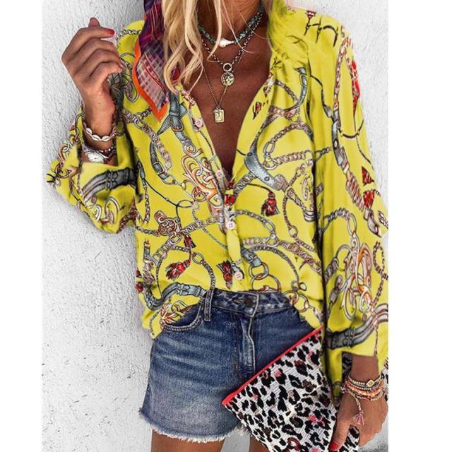 

2026 New Design Plus Size Women Blouse V-neck Long Sleeve Chains Print Loose Casual Shirts Womens Tops and Blouses 5XL жовтий
