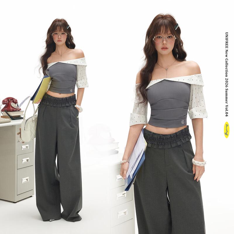 UNIFREE Color Block Slim Fit Off-Shoulder Shirt
