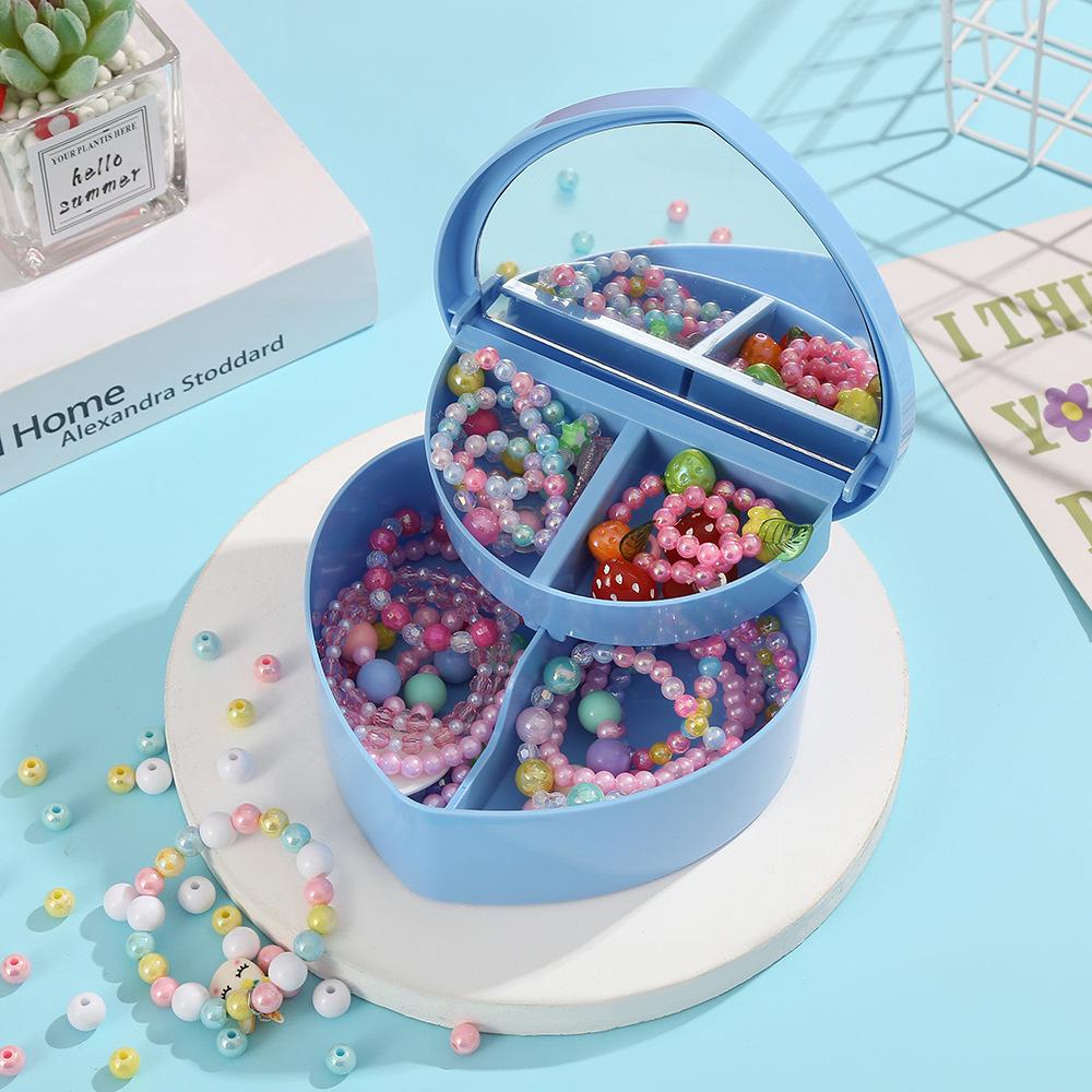 Heart-Shaped Pink Jewelry Box for Girls, Double-Layer with Mirror, Solid Color Storage for Ornaments.