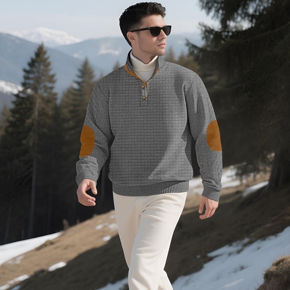 Autumn and Winter Men's New Square Grid Men's Stand Up Collar Single Breasted Casual Long Sleeved Sweatshirt