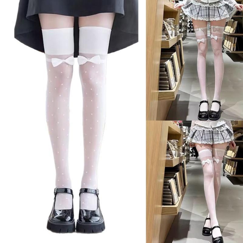Women Bowknots Waves Point Thigh High Stockings Over the Knee Socks Sheer Silk Stockings Valentines Day Gifts