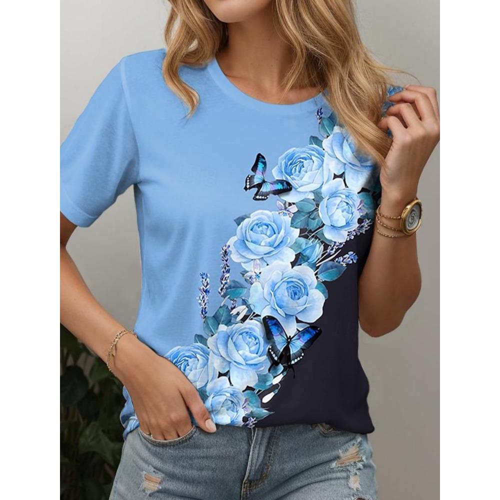 Summer Women's T Shirt Tee Floral Casual Holiday 3d Prints Daily Short Sleeve Tops Fashion Round Neck T Shirts for Women