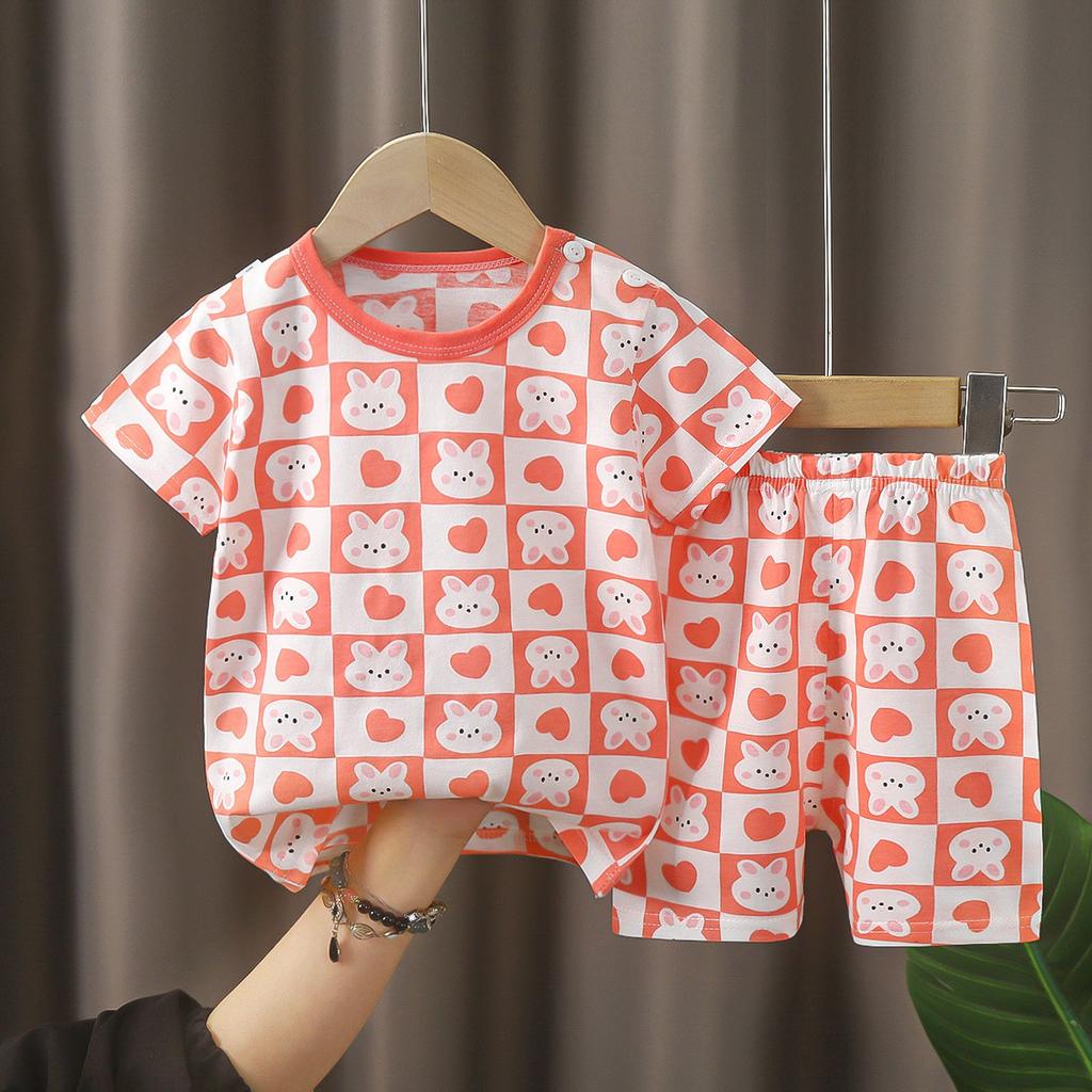 Kids Cotton Short Sleeve 2Pcs Set, Summer Shoulder Snap T-shirt & Shorts for Toddler Boys Girls
