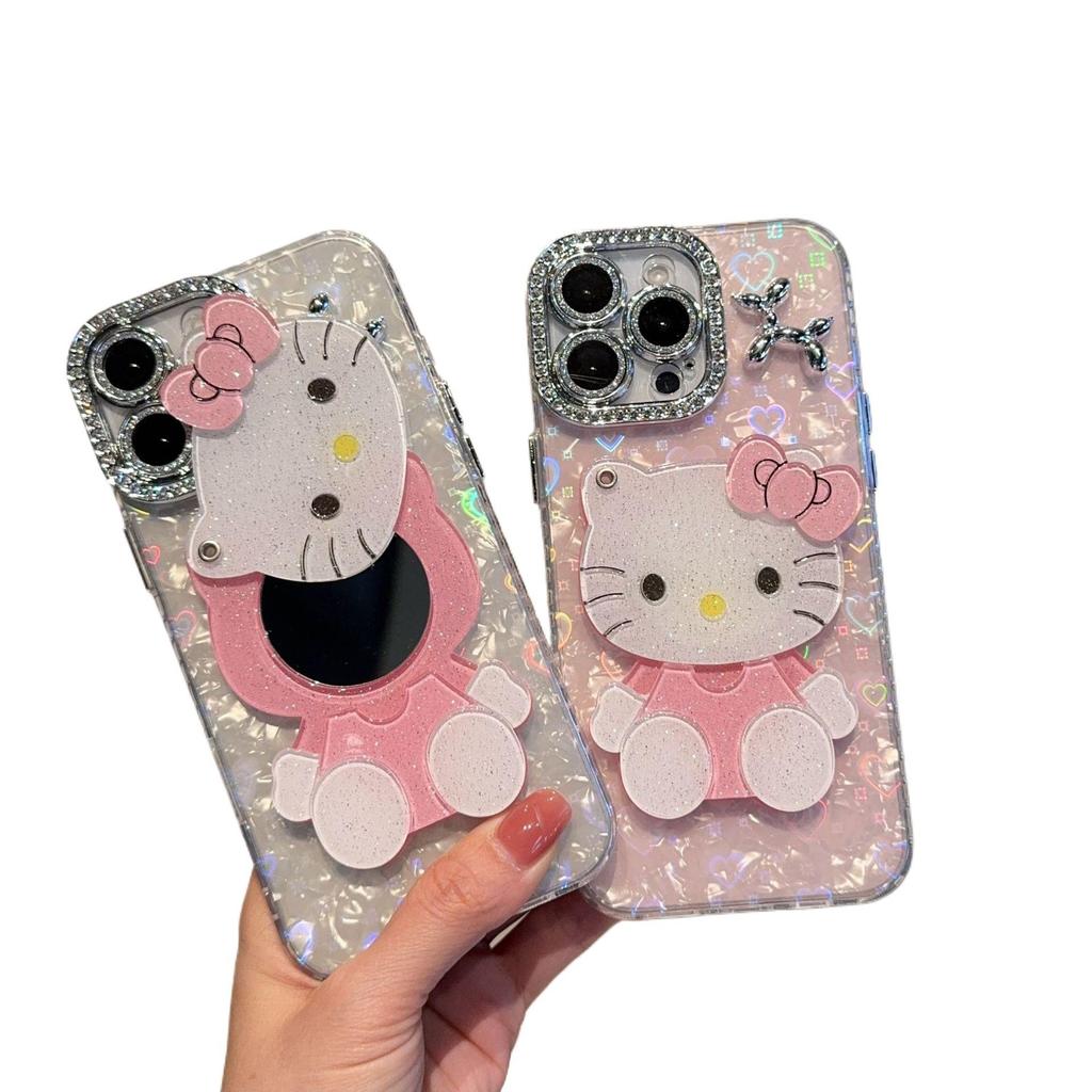 Heart Shell Dot Drilling Frame for Apple 17 Pro Max/15 Pro Phone Case with KT Cat Mirror