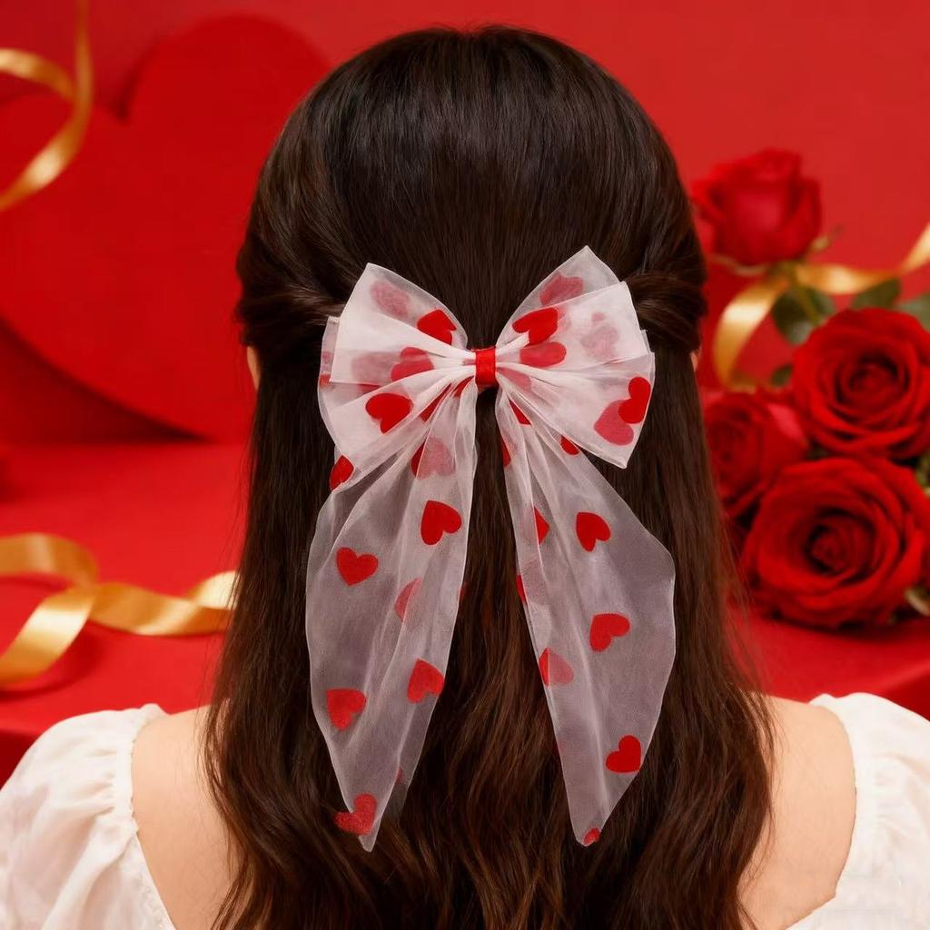 1 Valentine's Day Love Mesh Large Bow Hair Accessory, Girl's Heart Hair Clip Accessory, Versatile Daily, Exquisite and Elegant