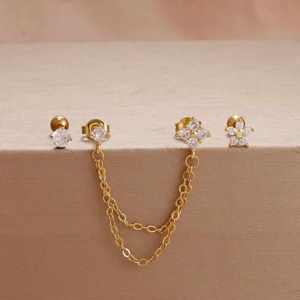 3PCS Simple Fashion Blue Flower Drop Earrings Set For Women Girl 18K Gold-Plated Zirconia Star Sun Stud Earring Piercing Jewelry