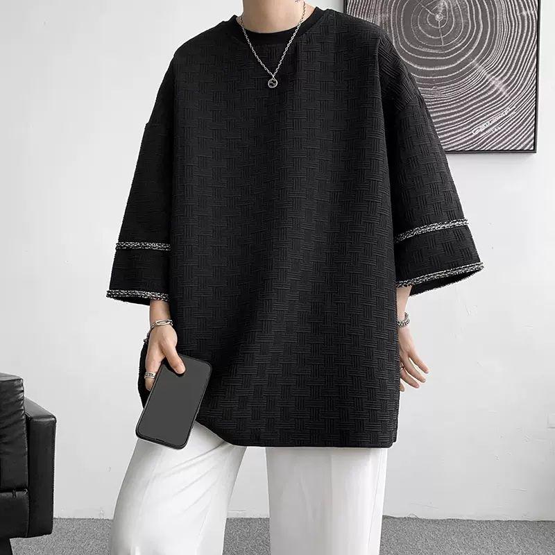 

Мужская одежда Пуловеры с полурукавом Стильная отделка яркой линией Летняя повседневная модель с круглым вырезом Универсальные однотонные футболки свободного кроя XXXL чёрный