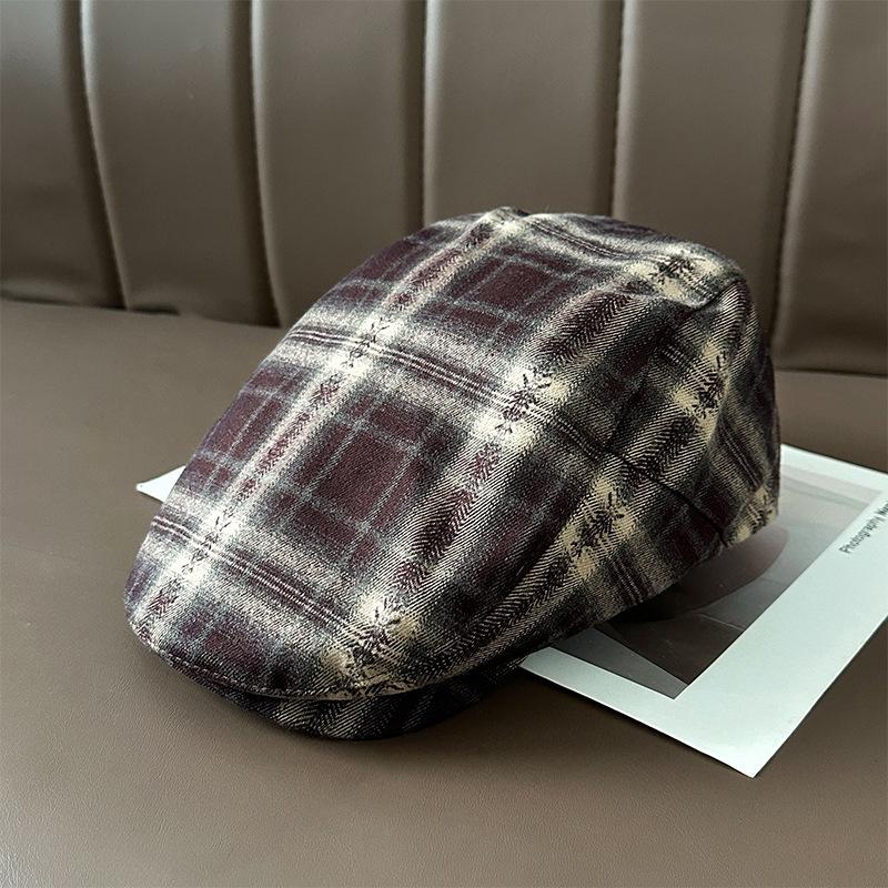 Plaid Backwards Forward Hat Women's Autumn and Winter Japanese Retro Duck Beret Personalized Versatile Painter's Newsboy Hat