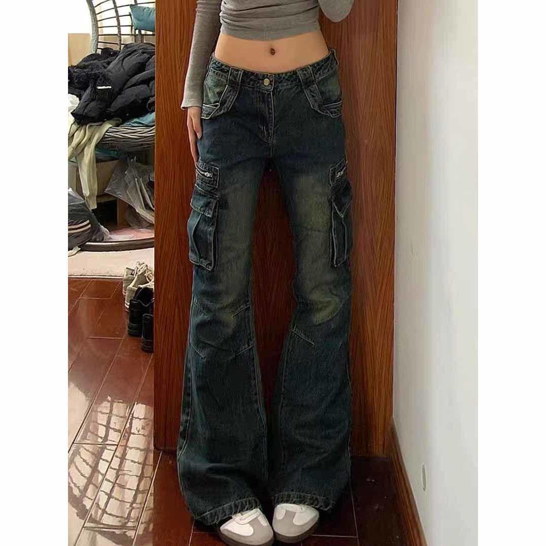 

Women s Retro Low-Waist Pocket Cargo Flare Jeans - Spring/Autumn Style S