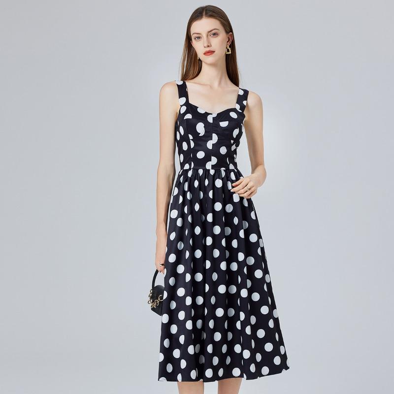 Summer Women Vintage Polka Dot Print Spaghetti Strap Long Midi Party Dresses