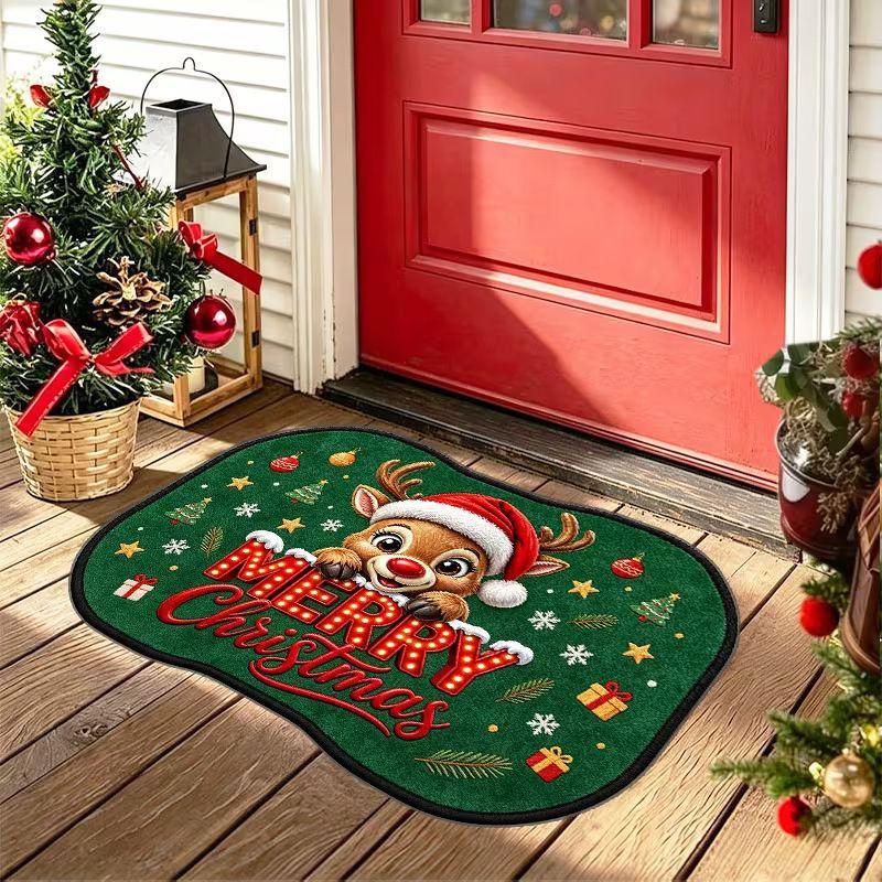 Cartoon Reindeer Christmas Doormat Green Plush Snowflake Candy Cane Non Slip Washable Entryway Rug Indoor Home Decor