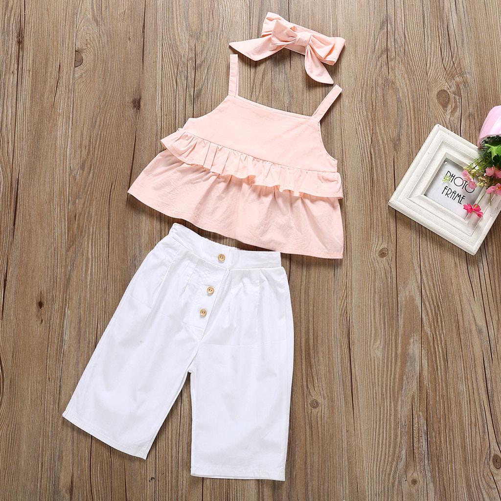 Infant Baby Girls Kids Straps Ruffle Tops T Shirt+Pants+Headband Outfits Set