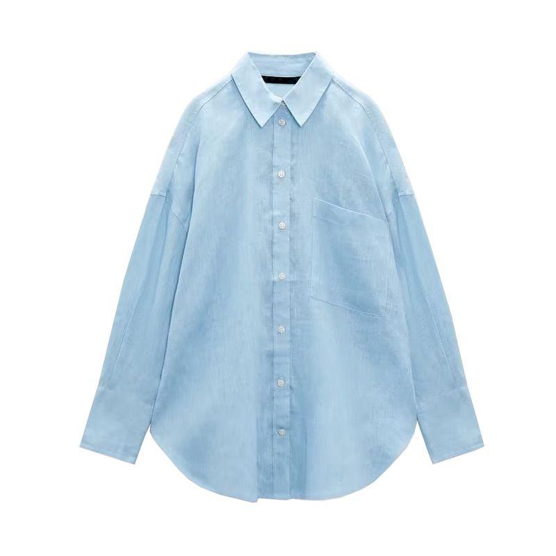 Za Spring/Summer New Style White Sun Protection Shirt Lapel Loose Breasted Single Pocket Linen Shirt 8372036