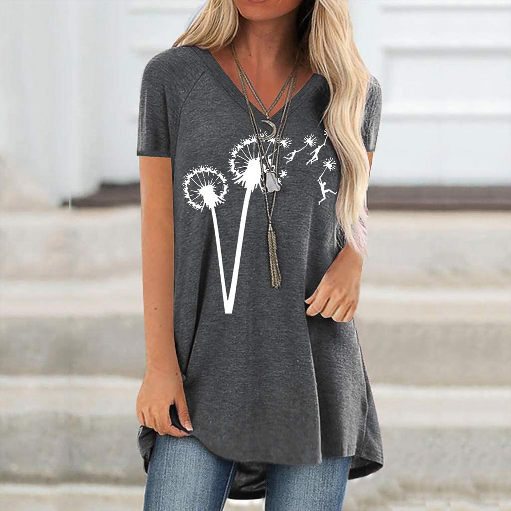 Women Fashion Casual Print V-Neck Loose Short Sleeve T-shirt Top Blouse Pullover