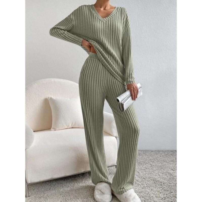 Autumn Fashion Casual Straight Leg Pants with Loose V-neck and Pit Stripe Knit Women's Two-piece Sets