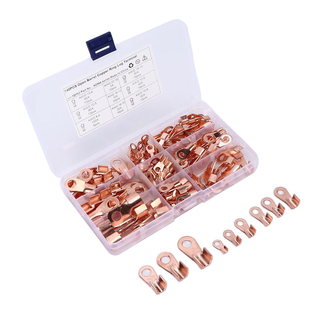 140pcs Open Barrel Wire Crimp Terminal 9‑Type Copper Ring Lugs Connector Universal for Cars