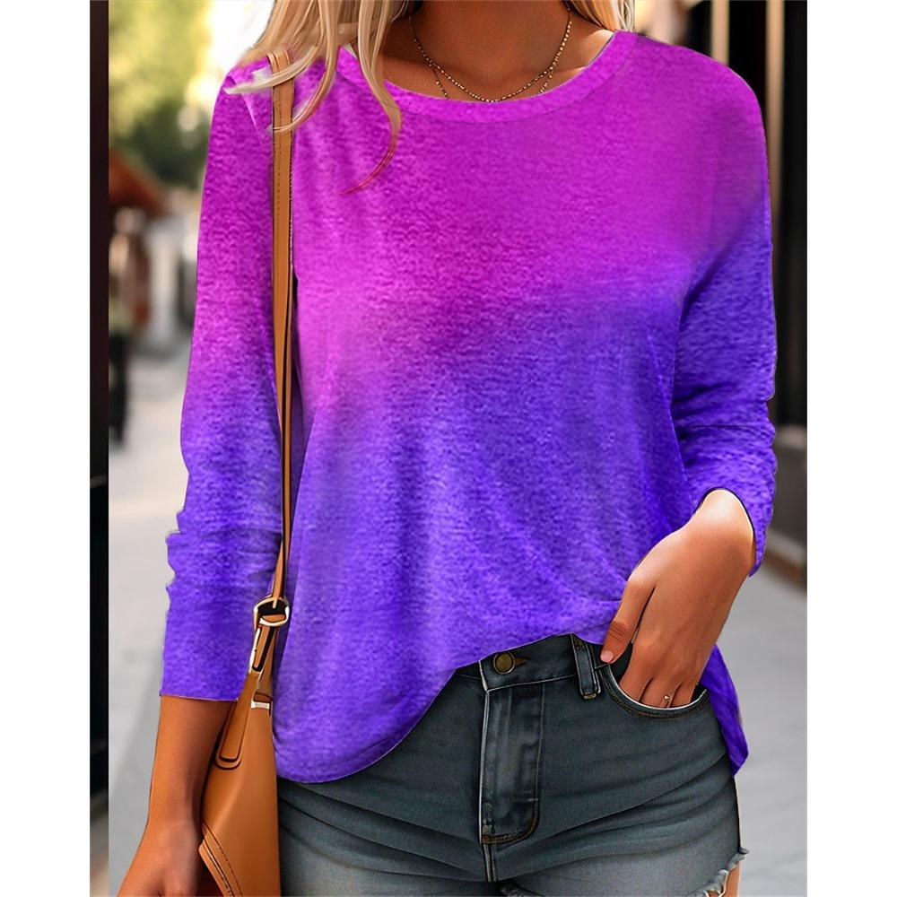 Spring and Autumn Round Neck 3D Gradient Color Printed Top Fashionable Casual Long Sleeved Women's T-shirts