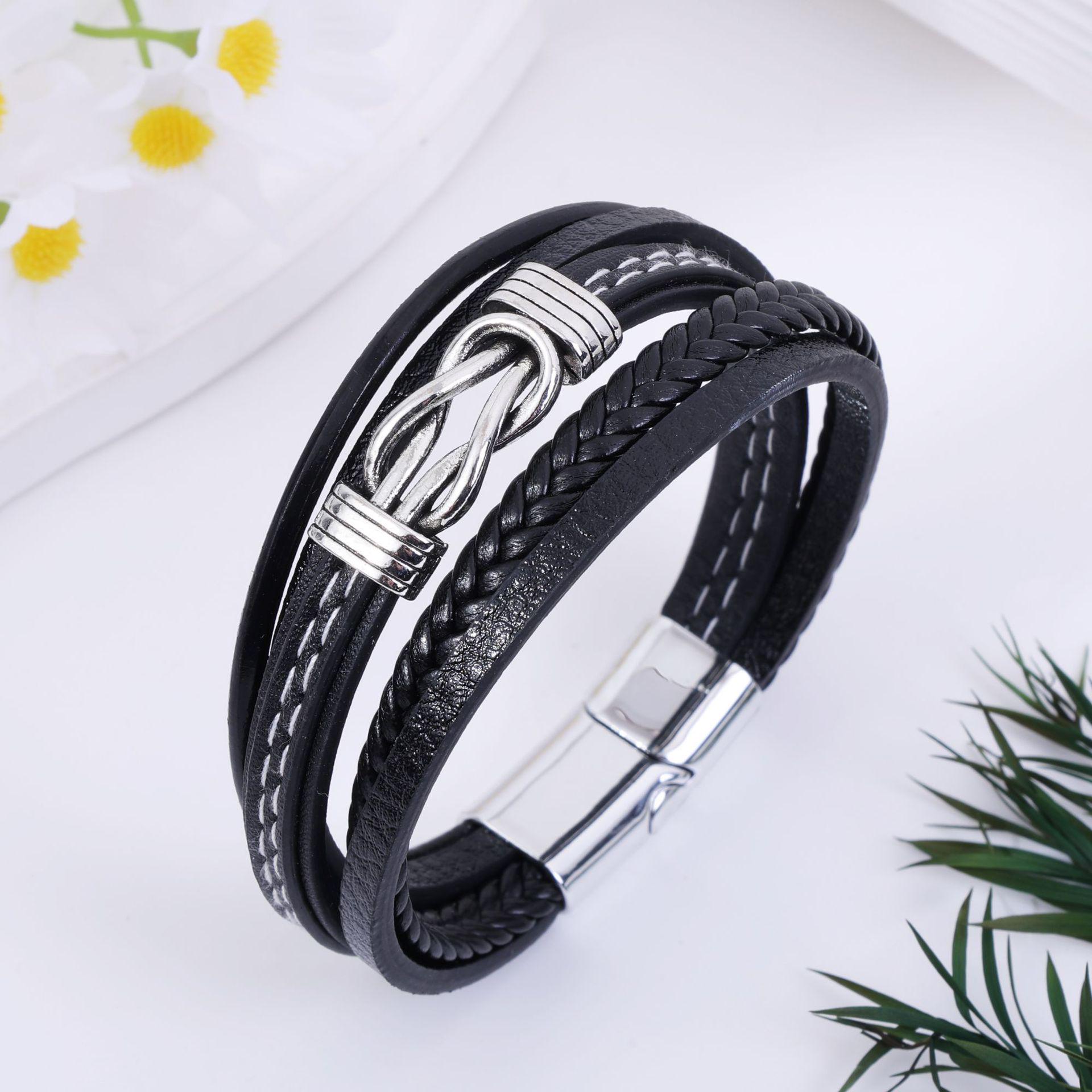 Мужской многослойный плетеный кожаный веревочный браслет: Европейско-американский Хип-Хоп Панк Стиль чёрный