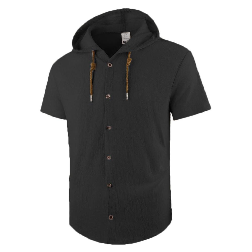 Men's Cotton Linen Shirt Hooded Stylish Top Breathable Lightweight Simple Style Claasic Shirts Single Breasted Male Fashion Tees