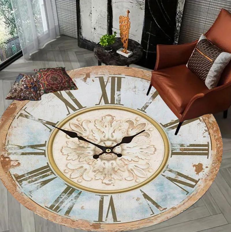 

Vintage Clock Design Round Carpet European Luxury Home Decor Area Rug Soft Non-slip Floor Mat for Living Room Bedroom 60cmx60cm