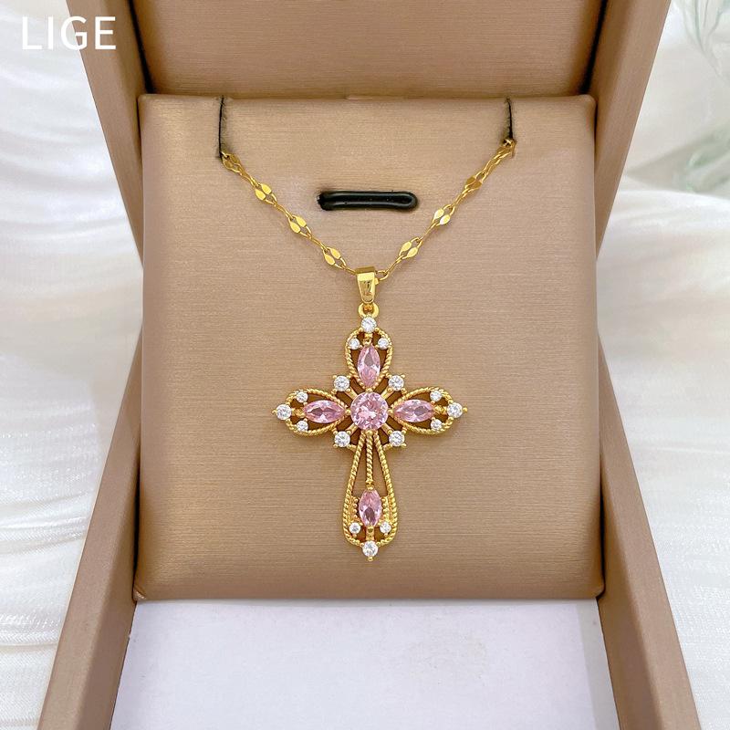 Empty Cross Light Luxury Temperament Gorgeous Full Diamond Necklace Female Versatile Collarbone Chain Titanium Steel Chain