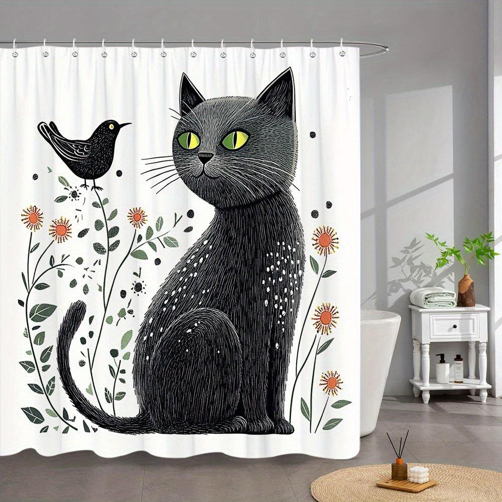 

1Pc Playful Black Cat Shower Curtain With Green Eyes, White Speckled Fur & Whimsical Floral Bird Design - Machine Washable Polye W60H190(CM)-1 Pcs