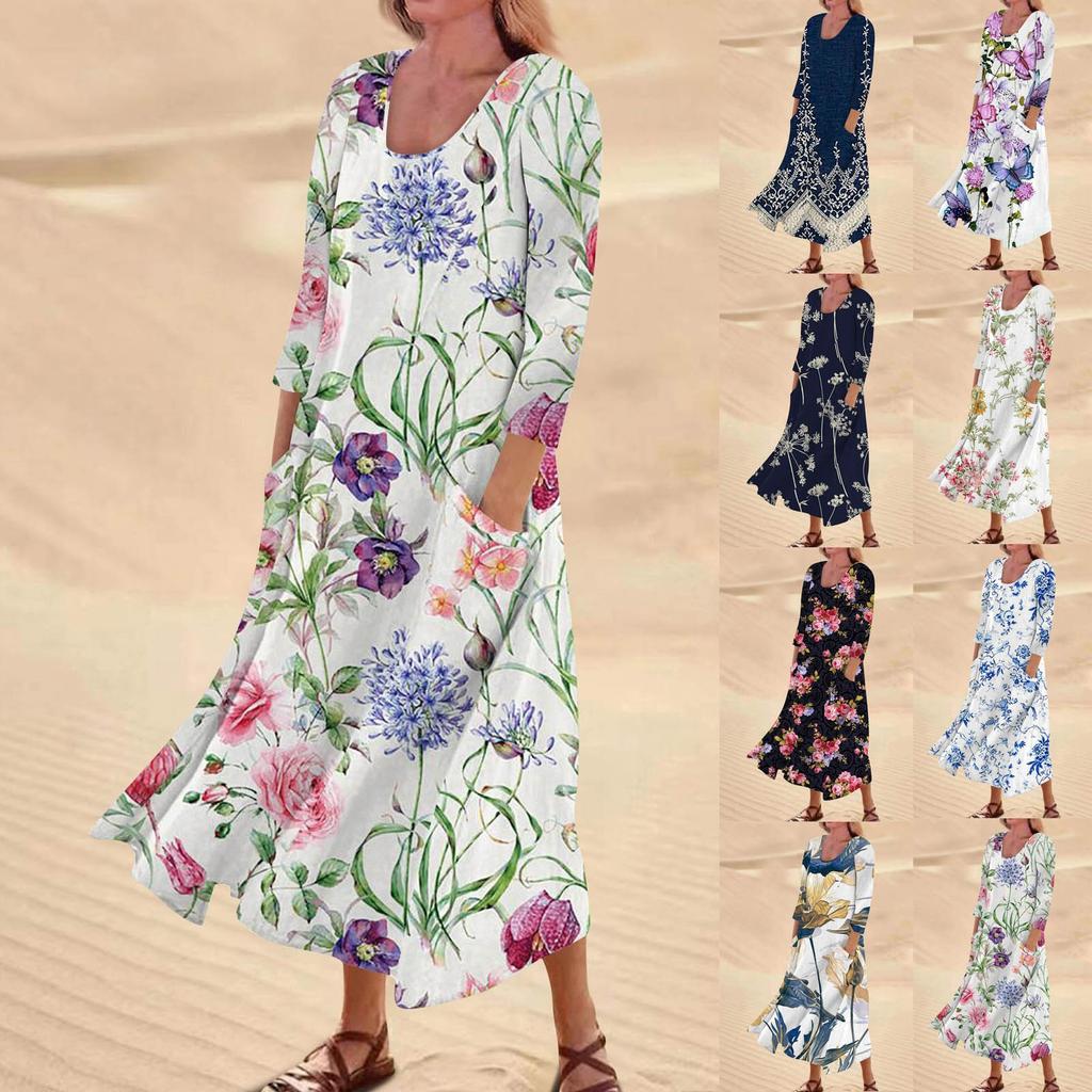 Dame uformelt blomstertrykk trekvart ermet lommekjole