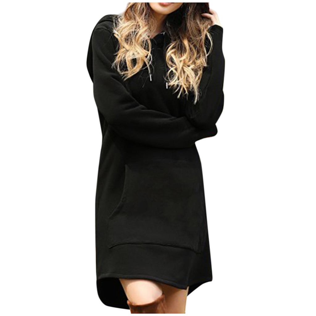 Women Long Length Loose Casual Solid Drawstring Hoodie Pullover With Big Pocket