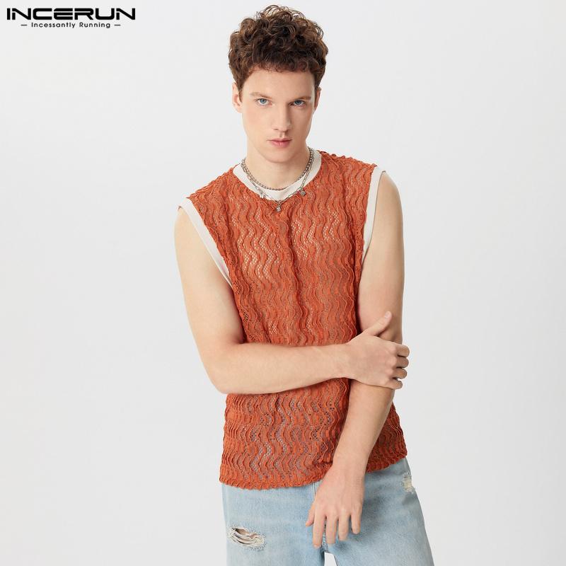 INCERUN Men Mesh Fishnet Sleeveless Tank Tops Lace Patchwork Summer Vest