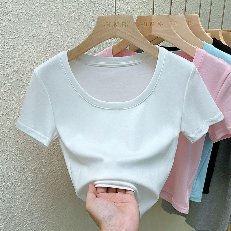 Real Shot Pure Color round Neck Cotton Short Sleeve T-shirt Summer New Arrival Women's Low Collar Pure Color Short Tops Plaid Inner Wear