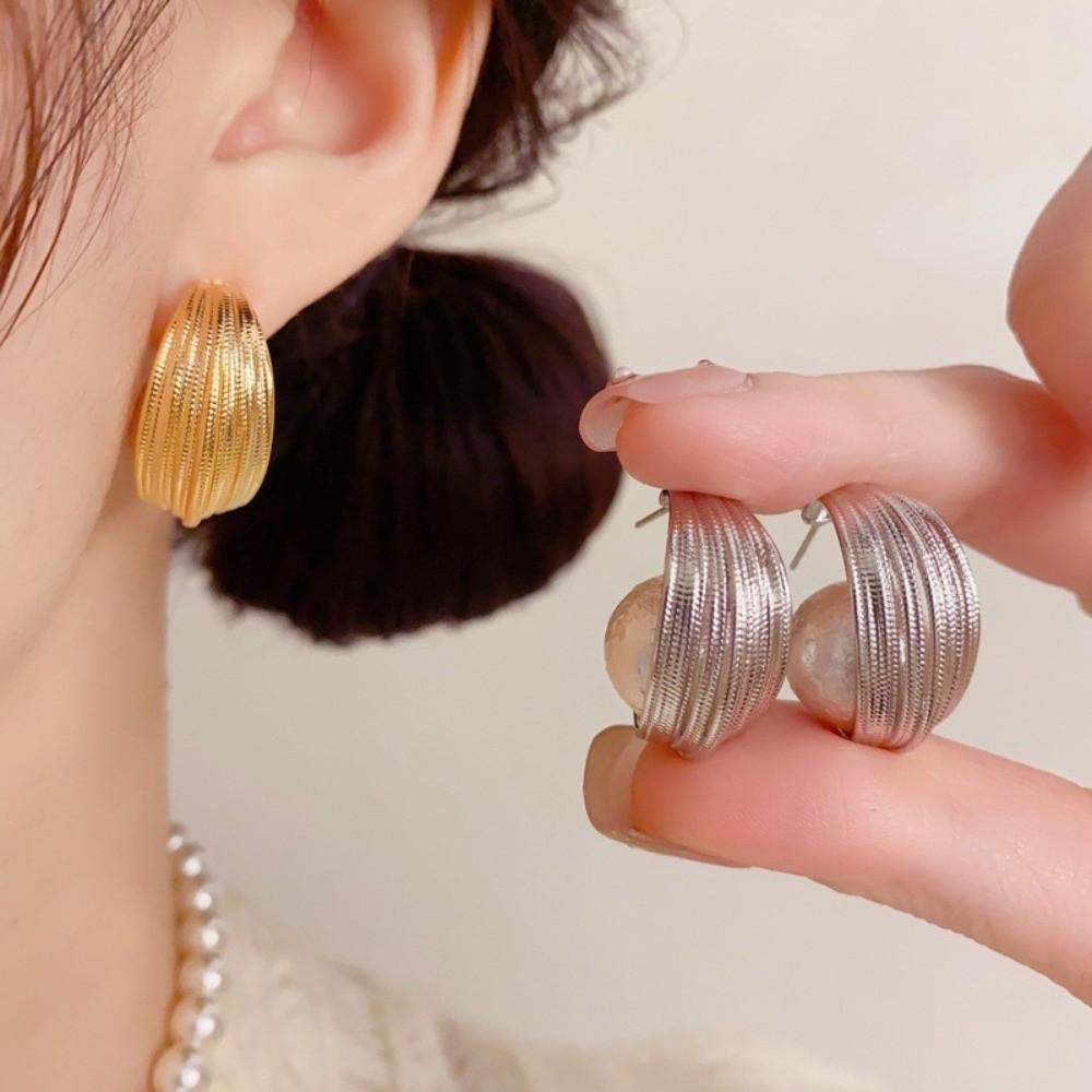 Vintage Geometric Bead Earrings Striped Oval Huggie Earrings Trendy Hoop Earrings For Women