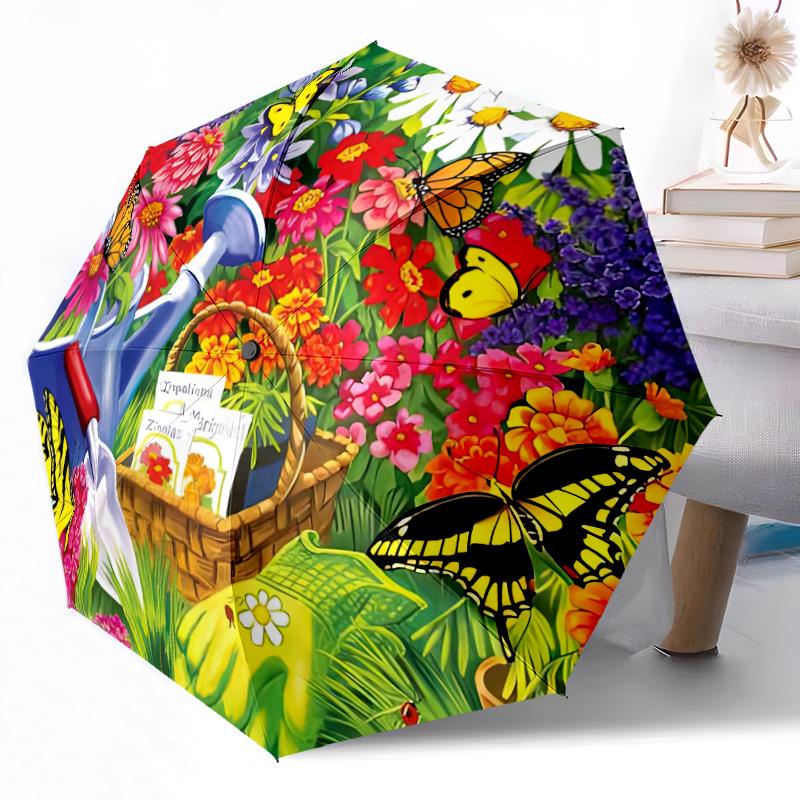 Sunflower Garden Plate Outdoor Automatic Umbrella Folding Umbrella with 8 Ribs Durable Plastic & Iron All-Season Use Vibrant Pattern Umbrella