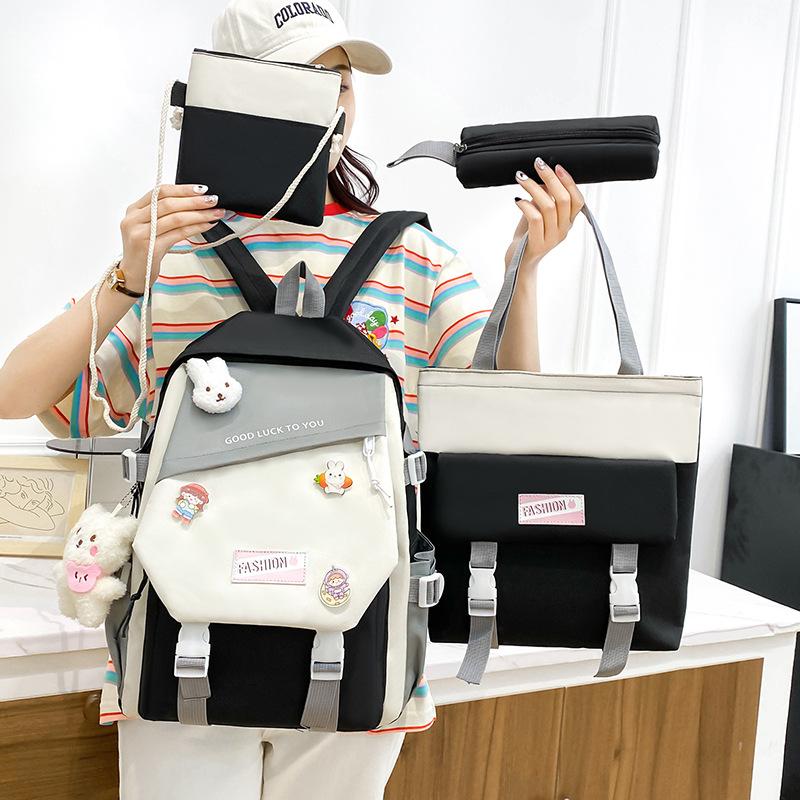 Fashionable Schoolbag Contrast Color Schoolbag Female Primary School Junior High School Student Backpack Campus Five-piece Set Canvas Casual Backpack