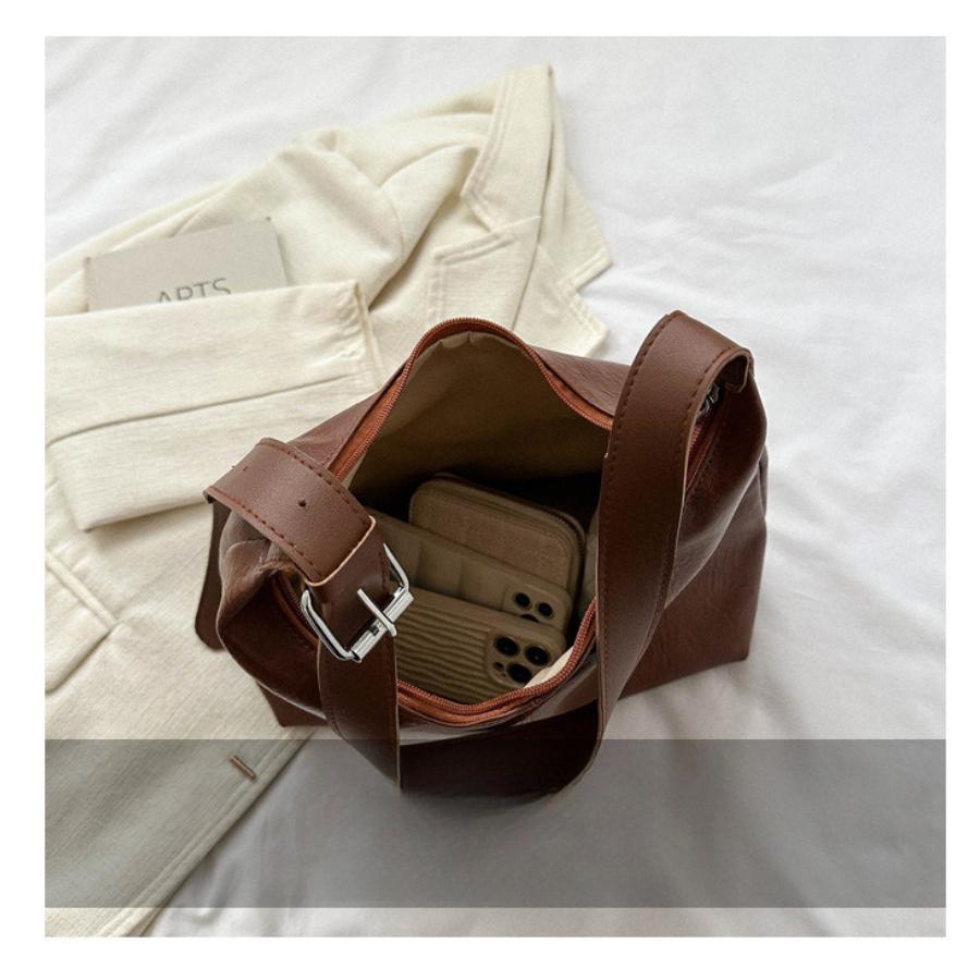 Women's Faux Leather Shoulder Bag, 2026 Trendy Solid Color Work Tote, Korean Style Zipper Closure Bucket Handbag