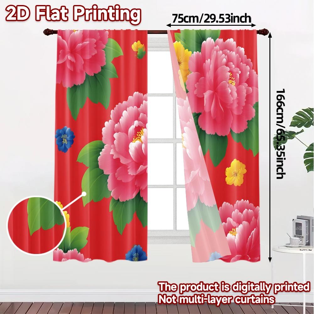 2D FLAT PRINTING 2pcs Curtains (Without Rod) Floral Red Celebration Design Modern Fashionable Curtainments During the April