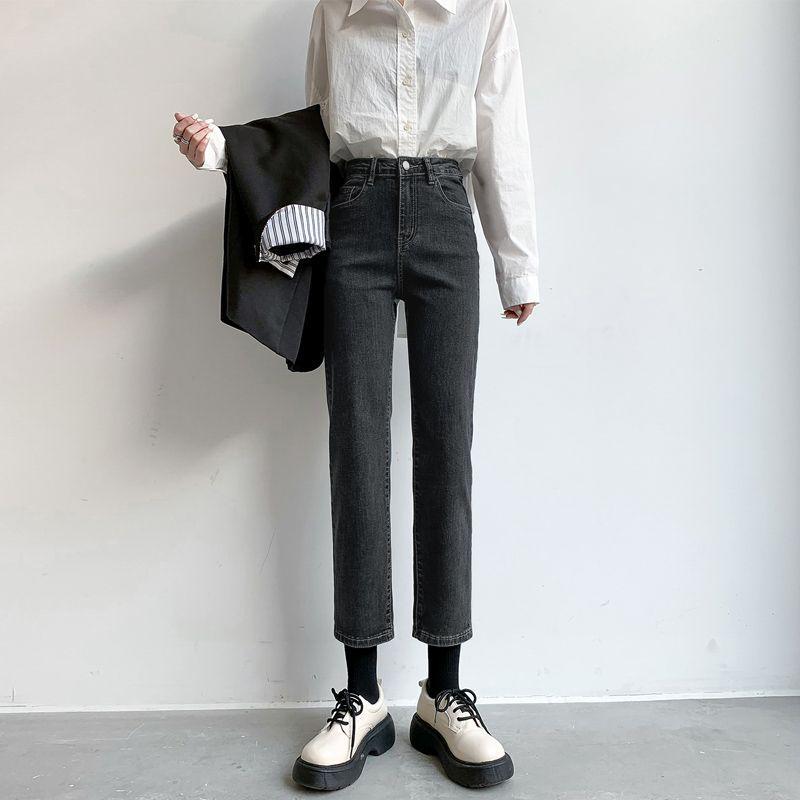 2025 Women's High-Waisted Straight-Leg Jeans, Versatile Korean Style, Loose & Slimming Nine-Point Fit for Spring & Fall