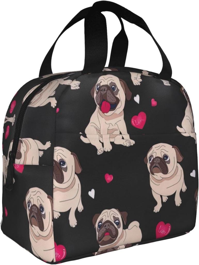 Cute Puppy Pug Dog Lunch Bag Box for Girls Women School Insulated Lunch Bag Reusable Portable Waterproof Cooler Travel Picnic
