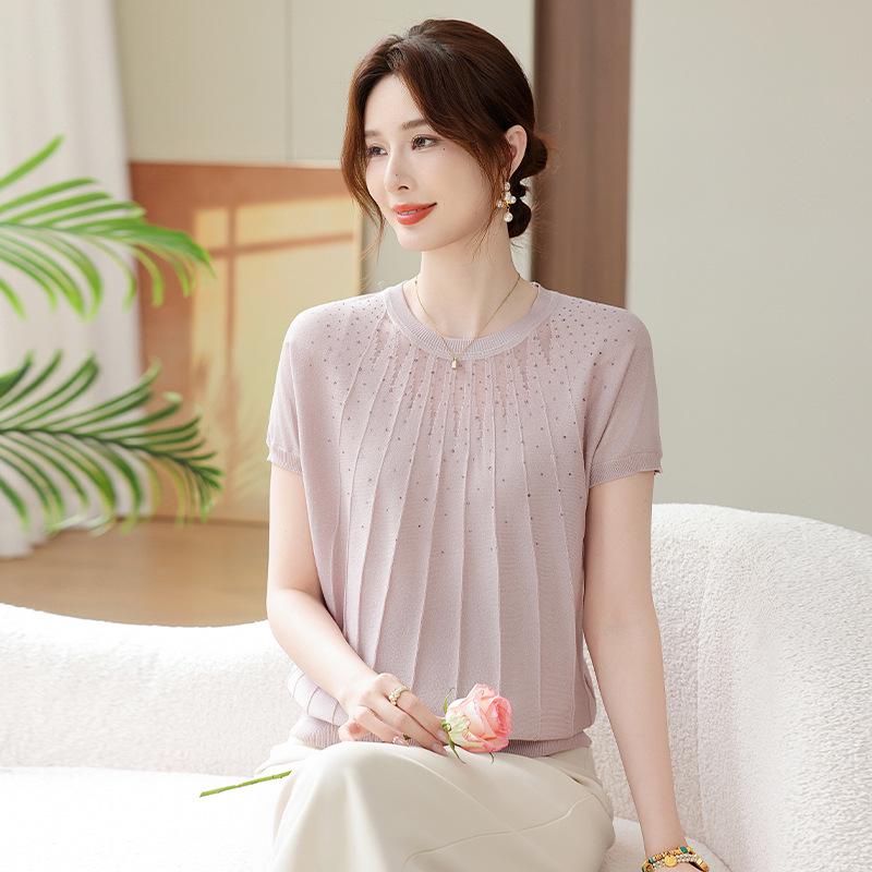 Summer Fashion Rhinestone Knit T-shirt for Women: See-through Ice Silk, Round Neck, Perfect for Young Mothers & Middle-aged Women