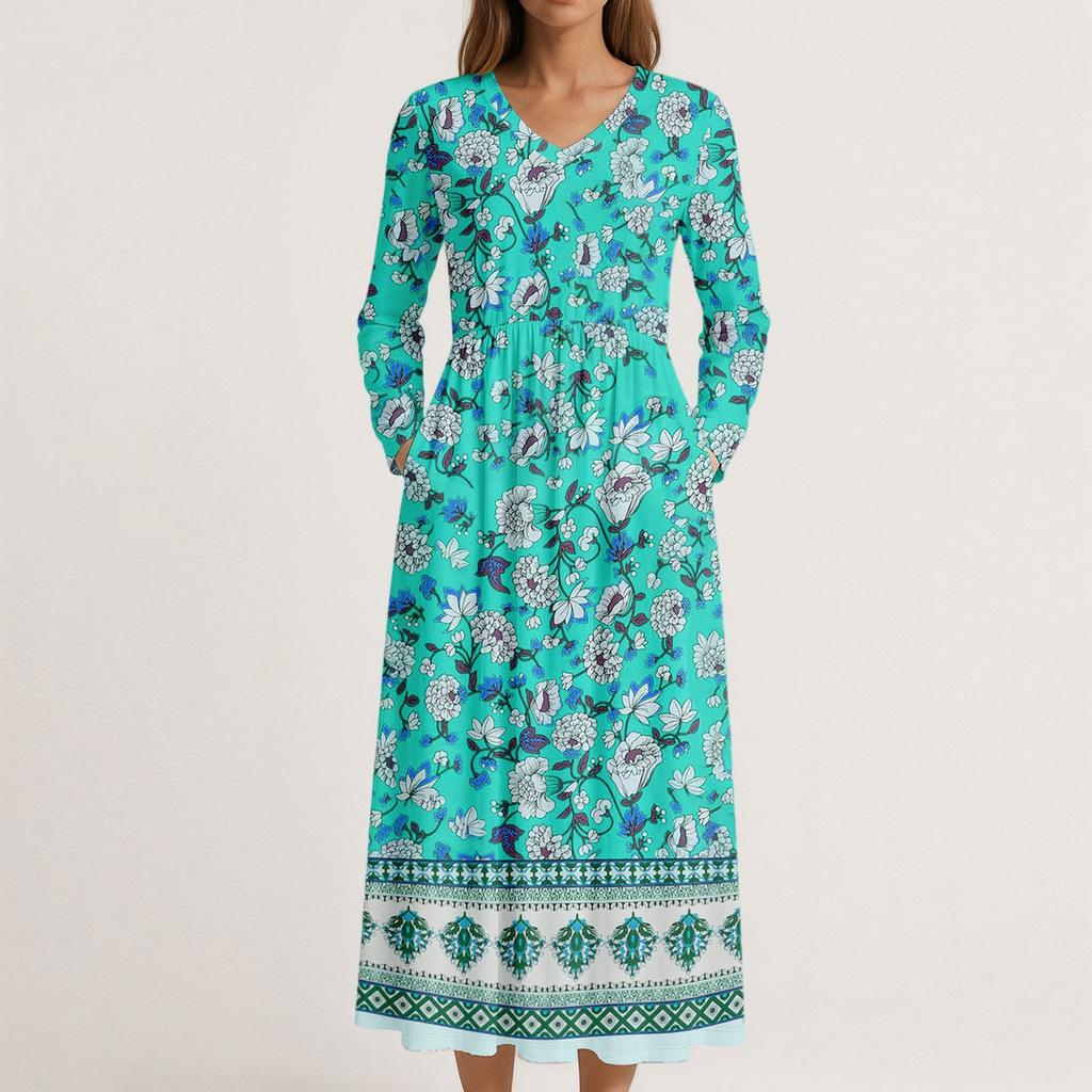 Šaty Pro Ženy Dlouhé Boho Plážové Šaty Elegantní Maxi Šaty Výstřih do V Dlouhý Rukáv Šaty s Kapsami