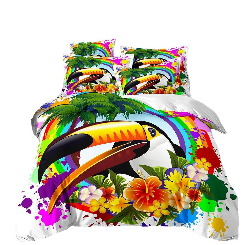 Flamingo Three-Piece 3D Printed Parrot Toucan And Tropical Flower Quilt Cover Pillowcase Bedding