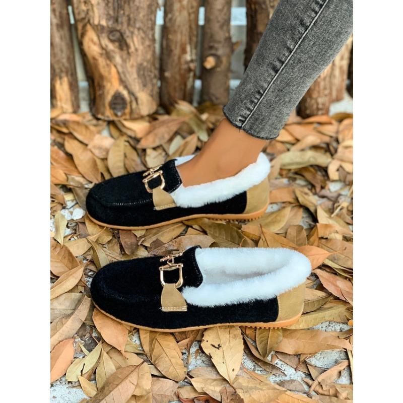 Autumn and Winter Plus Fluffy Metal Decoration One Pedal Warm Doudou Cotton Shoes Large Size Women's Shoes