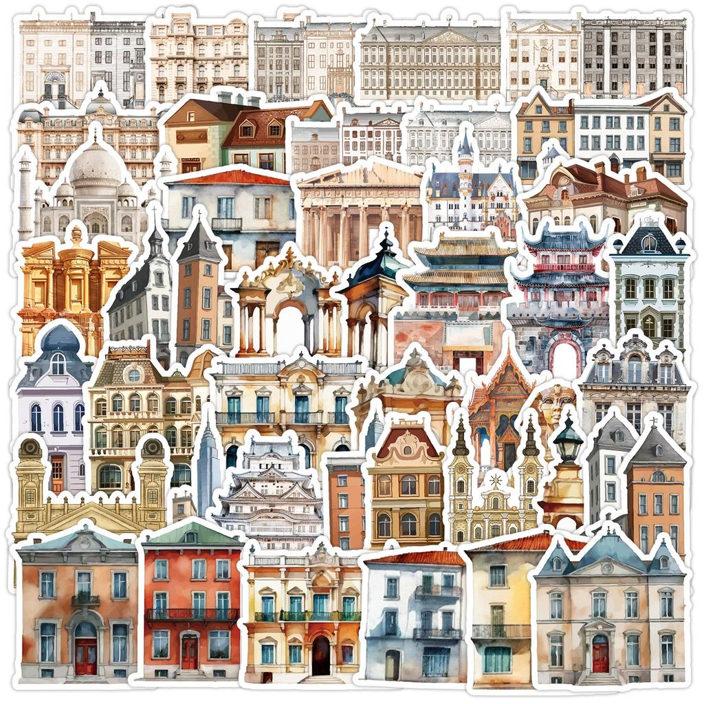50 Sheets of Architectural Series Graffiti Stickers for Mobile Phones and Computers, Waterproof Decorative Stickers, Creative DIY Stationery Stickers