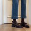 Cowhide Version~ British Style Thick Heel Small Leather Shoes for Women's Autumn and Winter New Mid-heel Buckle with Versatile Retro Round Head Sin