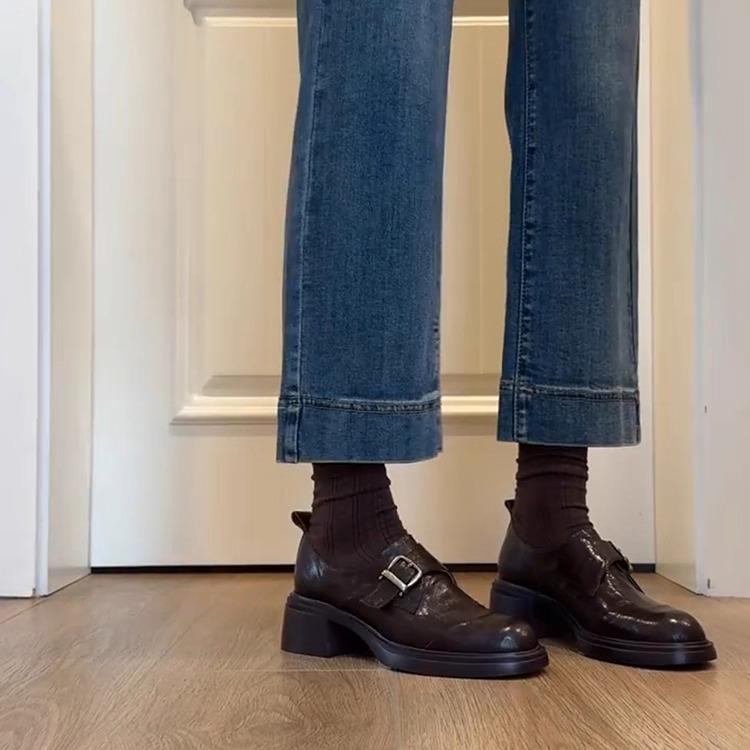 Cowhide Version~ British Style Thick Heel Small Leather Shoes for Women's Autumn and Winter New Mid-heel Buckle with Versatile Retro Round Head Sin