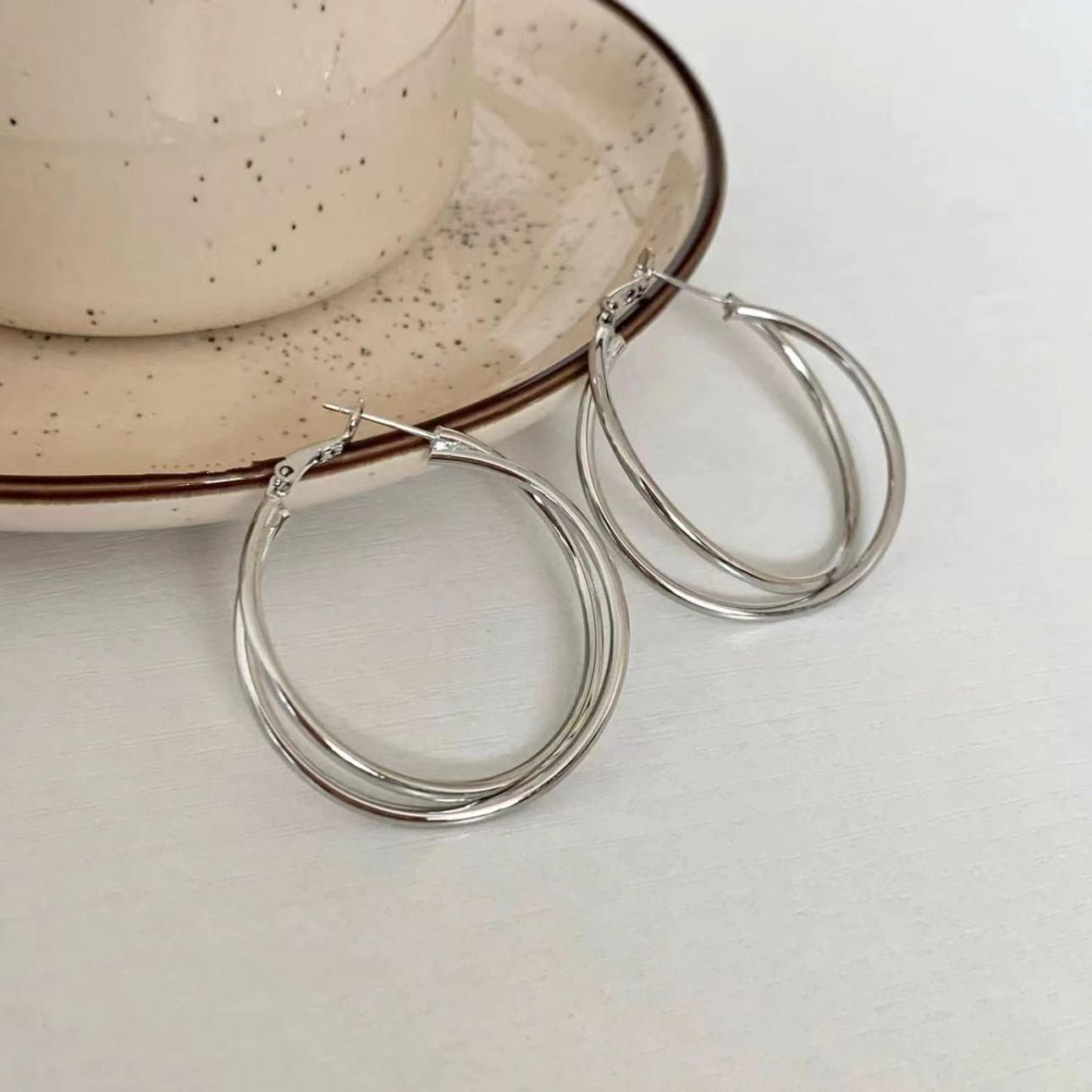 

4CM Double Circles Cross Big Hoop Earring for Women Exaggerated Personality Smooth Temperament Simple Round Ear Zircon Brincos
