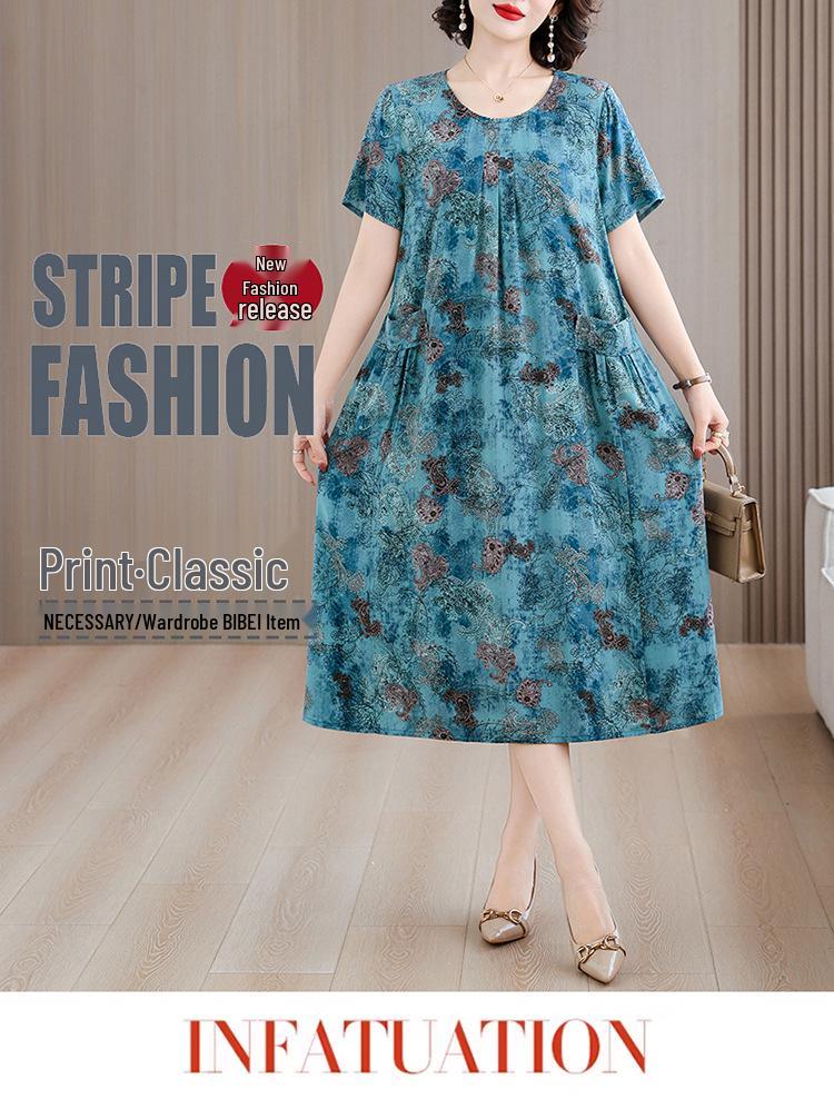 Plus Size Fresh Floral Print Summer Midi Dress - Loose, Pleated Design 2026